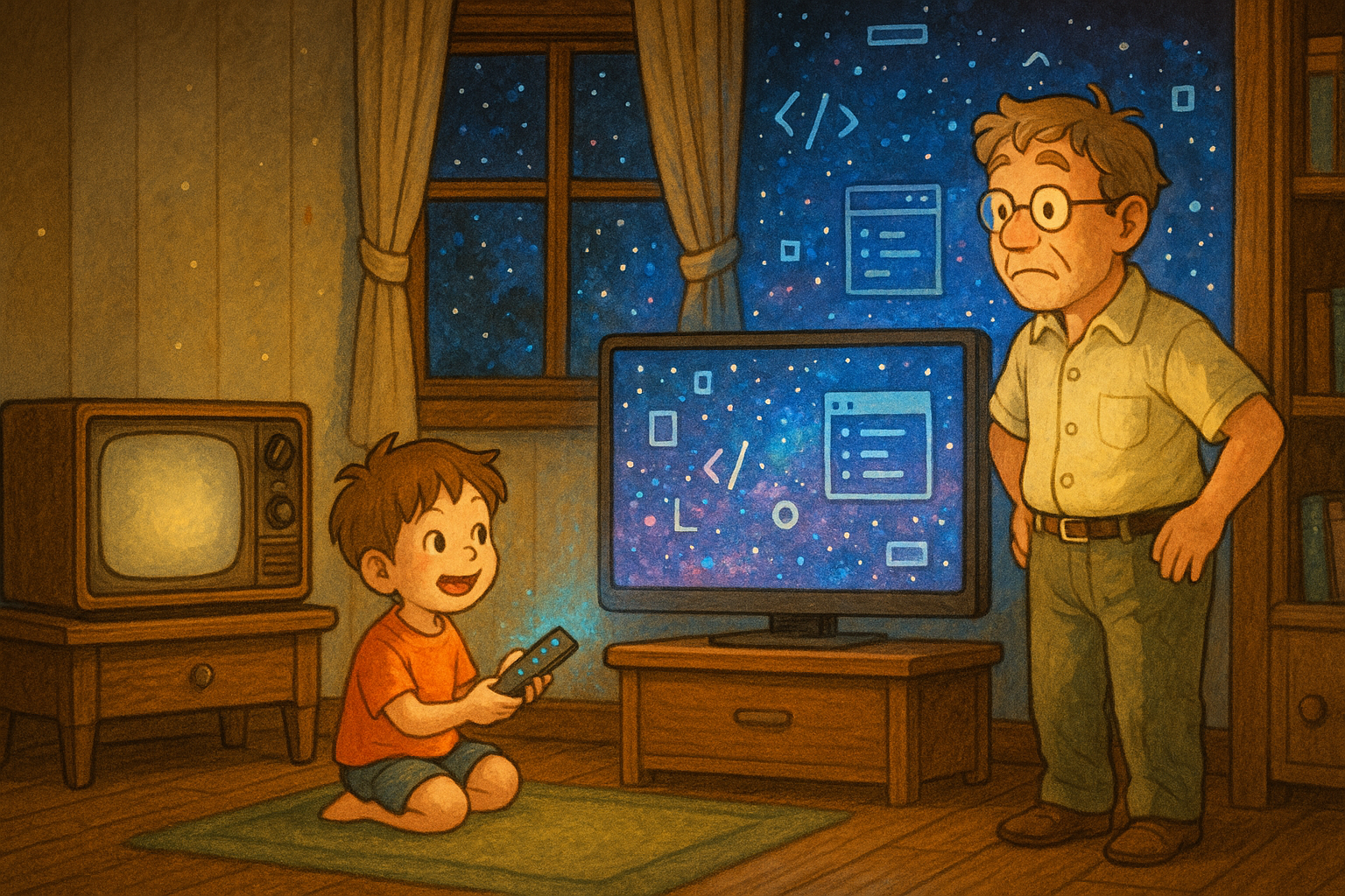 A warm, cozy living room illustrated in a traditional Ghibli-inspired style. On the left side, an old, boxy 9-channel television sits on a wooden stand, its screen glowing faintly. On the right, a modern flat-screen TV displays a vibrant cosmic scene filled with glowing icons like code brackets, terminal windows, and abstract programming shapes against a starry background. A young boy, seated cross-legged on a green rug and holding a remote, smiles with excitement at the modern screen. An older man stands beside him, looking puzzled and slightly overwhelmed. Behind them, a window reveals a star-filled night sky, visually connecting the expansion of the digital universe with the wonder of space. The room’s soft lighting and wooden furniture evoke a nostalgic, homely atmosphere.