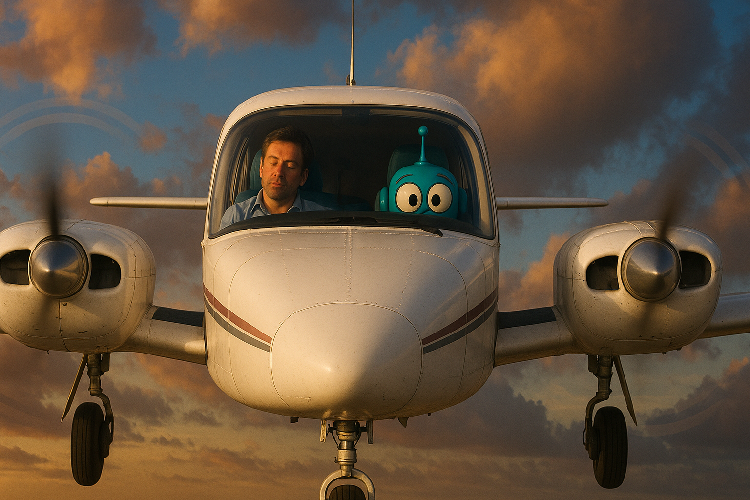 an AI generated image of a developer sitting in the cockpit of a plane, with an AI assistant in the co-pilot seats