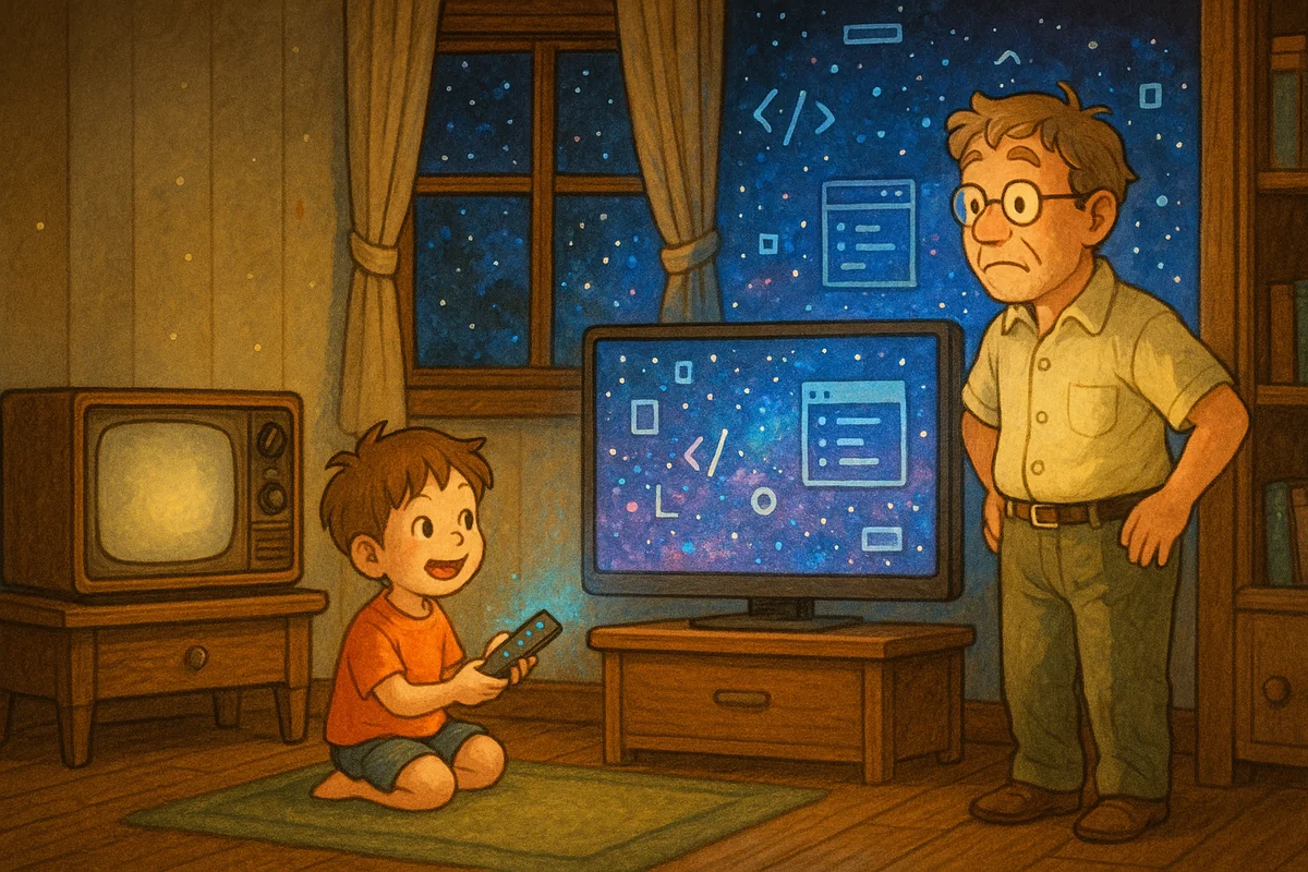 A warm, cozy living room illustrated in a traditional Ghibli-inspired style. On the left side, an old, boxy 9-channel television sits on a wooden stand, its screen glowing faintly. On the right, a modern flat-screen TV displays a vibrant cosmic scene filled with glowing icons like code brackets, terminal windows, and abstract programming shapes against a starry background. A young boy, seated cross-legged on a green rug and holding a remote, smiles with excitement at the modern screen. An older man stands beside him, looking puzzled and slightly overwhelmed. Behind them, a window reveals a star-filled night sky, visually connecting the expansion of the digital universe with the wonder of space. The room’s soft lighting and wooden furniture evoke a nostalgic, homely atmosphere.